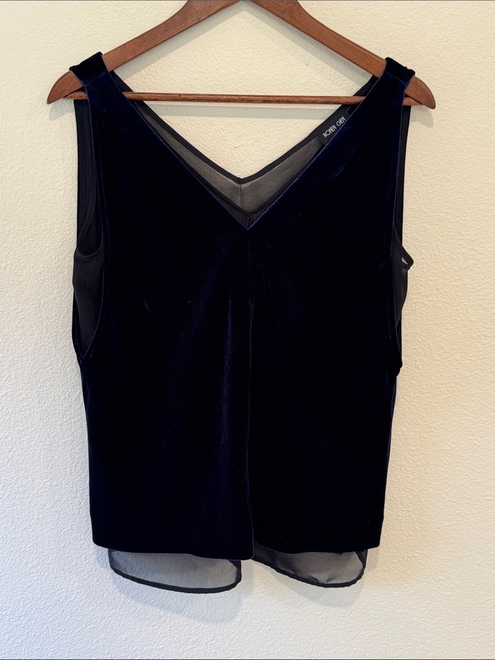Ronen Chen Black Velvet V-Neck Tank with Sheer Hem